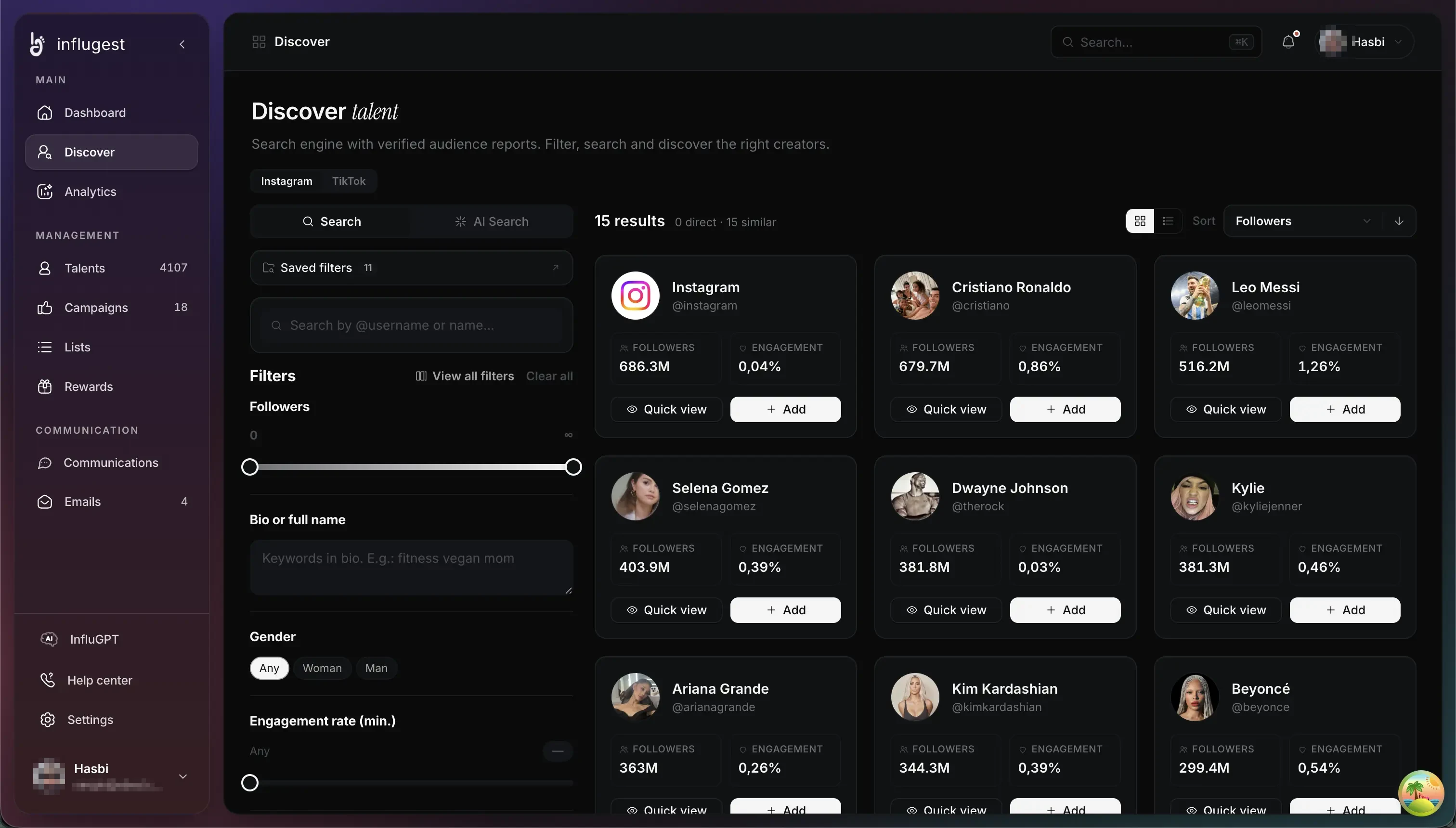 The Discover screen: the platform switcher and the filter panel on the left, and the search results on the right, each with its follower count and engagement rate.