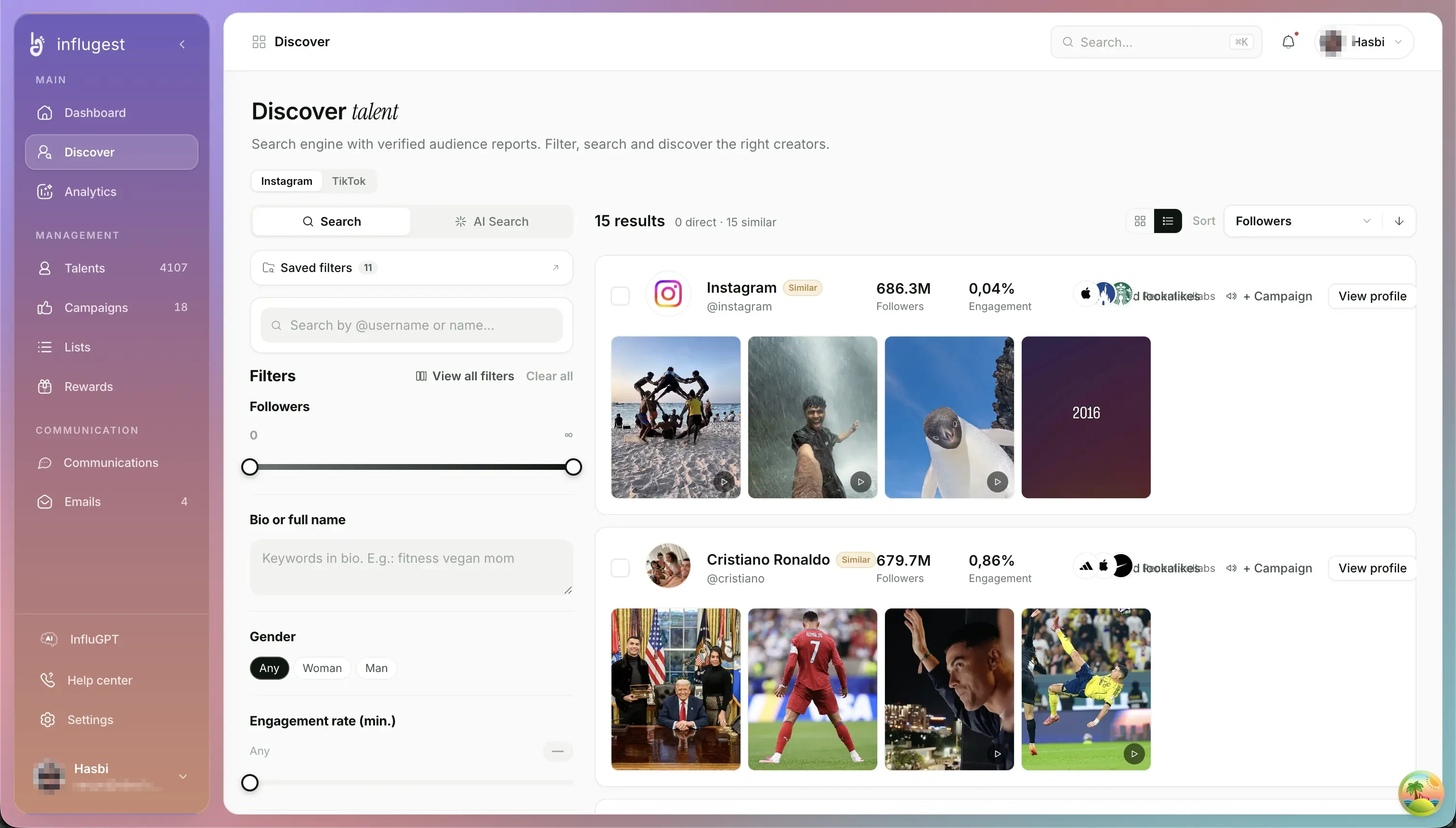 The Discover screen: the platform switcher and the filter panel on the left, and the search results on the right, each with its follower count and engagement rate.